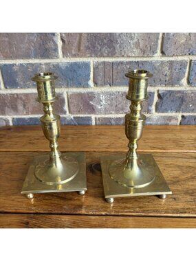 2 Brass Candlestick Candle Holders Square Footed Base Pair Set 7.75” Tall